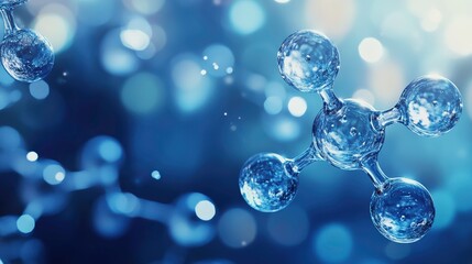 Abstract image of interconnected translucent blue spheres resembling molecular structures, set against a bokeh background of blurred lights