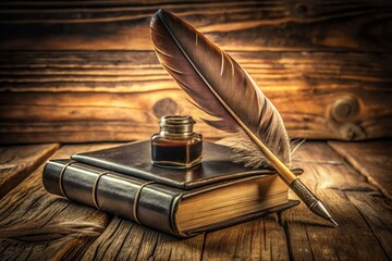 Vintage Orthography Textbook & Quill Pen on Aged Wooden Desk
