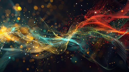 Fototapeta premium Abstract picture vivid particle neon light with digital technology style design connect become dynamic of electric wave movement represent about flowing of data or structure of network system. AIG53.