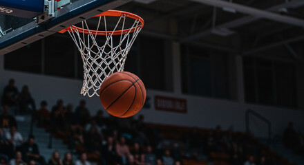 Fototapeta premium Basketball Scoring Through the Hoop During a Game with Spectators in the Background
