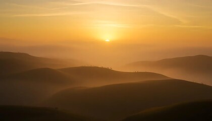Fototapeta premium Golden hour serenity: Misty hills bathed in warm light at tranquil sunrise