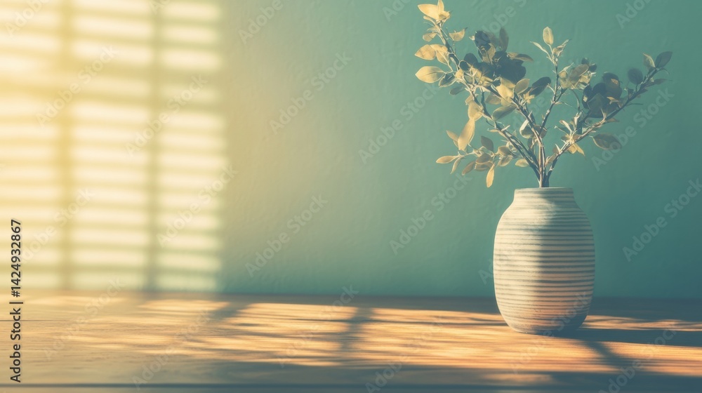 Poster a simple vase holds delicate leaves, casting gentle shadows on a wooden table, illuminated by soft a
