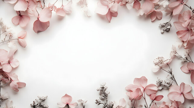 un fondo con espacio de copia color blanco con un dise&ntilde;o de flores como marco alrededor color gris y rosa pastel elegante y romantica invitacion femenina y tierna