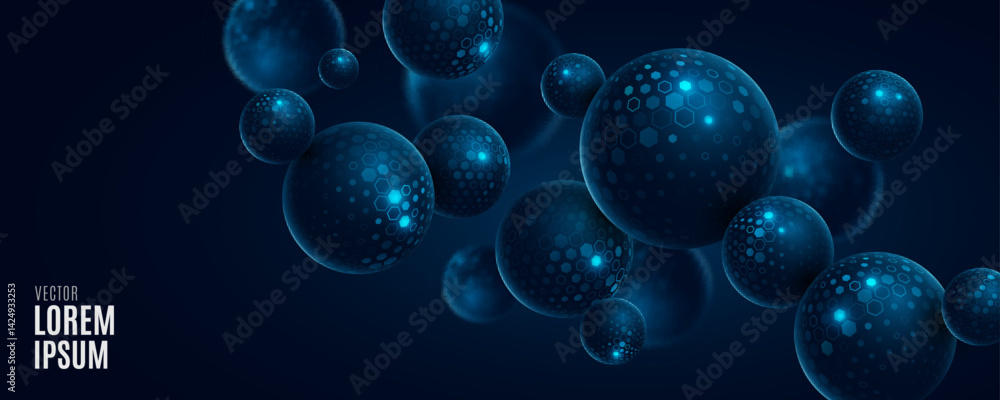 Poster flying 3d spheres textured with pattern of glowing cyber hexagons. futuristic fintech background for