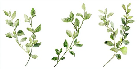 Watercolor painting of three green sprigs with leaves.