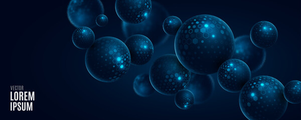 Flying 3d spheres textured with pattern of glowing cyber hexagons. Futuristic fintech background for Business or Science online webinar. Abstract backdrop for web presentation. Vector illustration