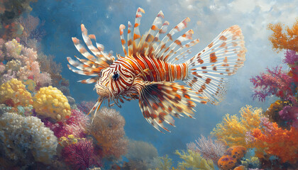 Lionfish in coral reef. Vibrant colors, underwater scene