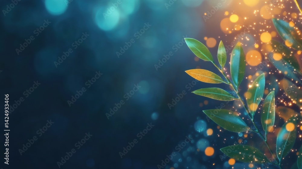 Poster green leaves glimmer in a soft light with glowing bokeh effects, creating an enchanting ambiance dur