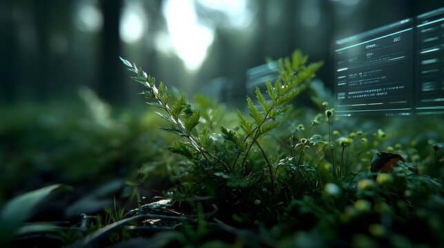 Serene digital nature with organic blockchain interfaces