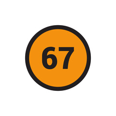 67 Number icon vector Orange Circle with Black design
