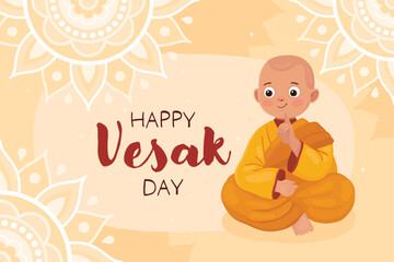 Happy Vesak day, card for buddhist holiday. Cute character, little boy Buddhist monk in yellow clothes. 