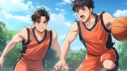 Dynamic animated scene of two teenage boys playing basketball outdoors on sunny day with trees and blue sky background in vibrant colors and energetic expressions