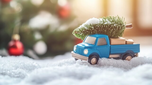 A small blue toy truck carries a Christmas tree, traveling across snowy ground with holiday decorations in the background