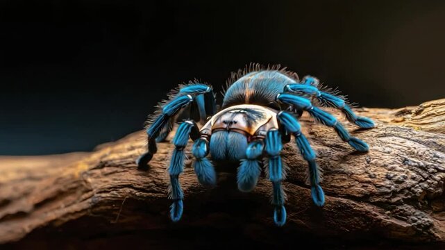 Close-up of a Colorful Tarantula Spider on a Wooden Log