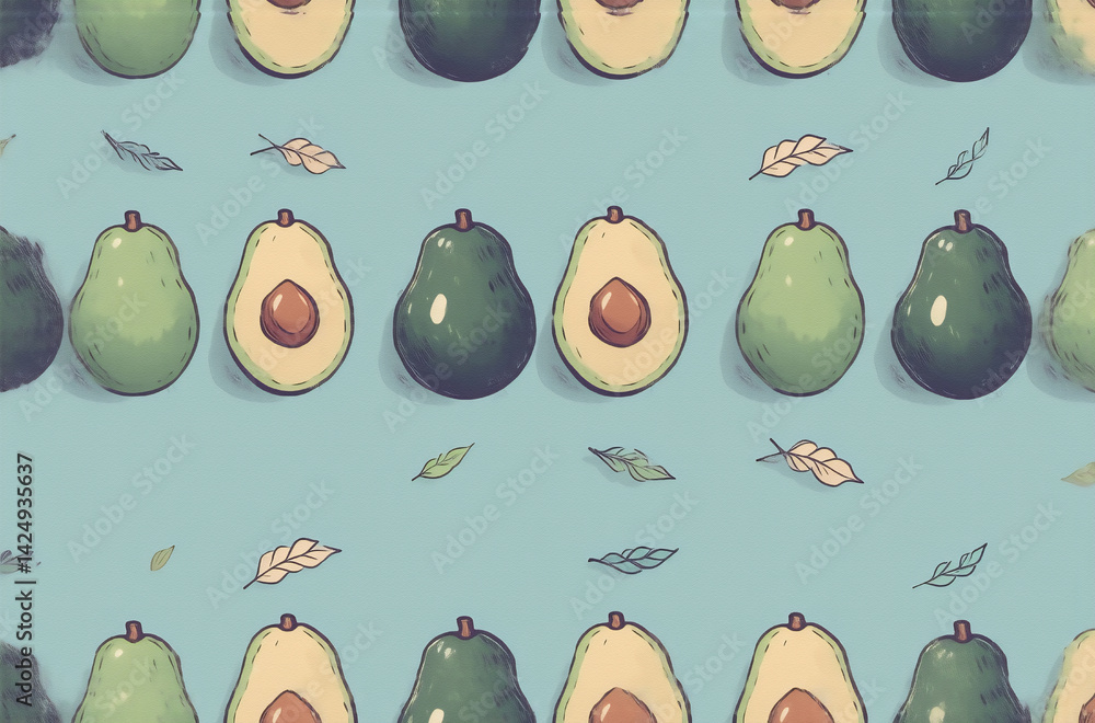 Aufkleber a repeating pattern of whole and halved avocados on a light blue background, interspersed with leave