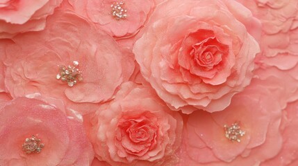 Soft pink flowers with intricate details and embellishments create a stunning decorative arrangement perfect for celebrations