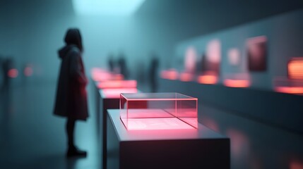 Futuristic holographic museum with smart contract overlays and NFT ownership data
