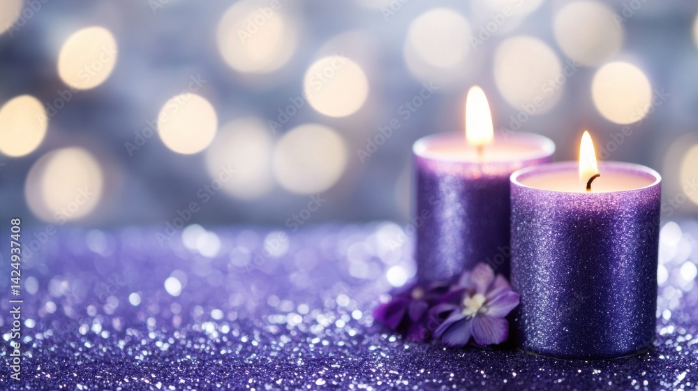 Poster soft light from two purple candles illuminates a sparkling table, creating a warm and inviting atmos