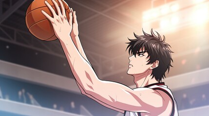 Dynamic anime style basketball player jumping to shoot basketball on court du game in a modern arena with lighting and crowd background