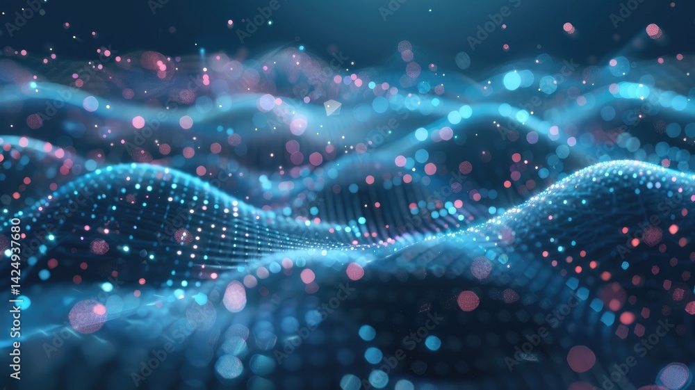 Poster a mesmerizing abstract tech background featuring vibrant particles dancing across flowing waves. thi