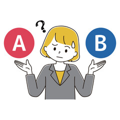 ２つを比較するスーツ姿の女性のイラスト　AB　困り顔