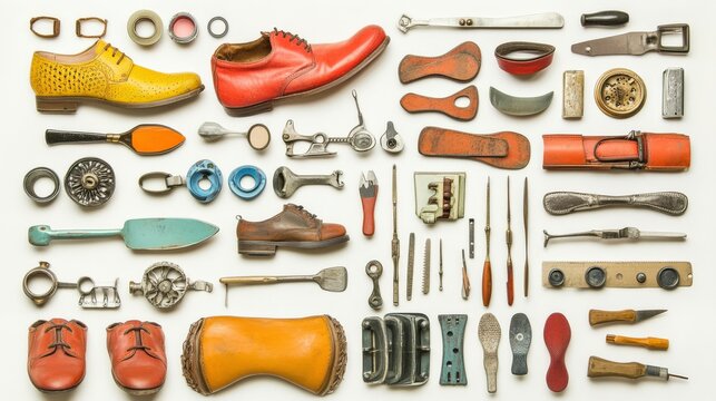Shoe Repair Tools and Footwear Options on White Background - Powered by Adobe