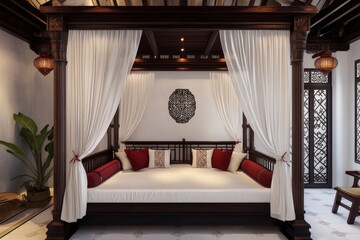 a classic bedroom in chinese style with white walls
