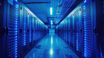 Obraz premium A dramatic view of a modern data center featuring blue lighting, showcasing server racks aligned in a high-tech infrastructure ideal for industry efficiency and innovation.