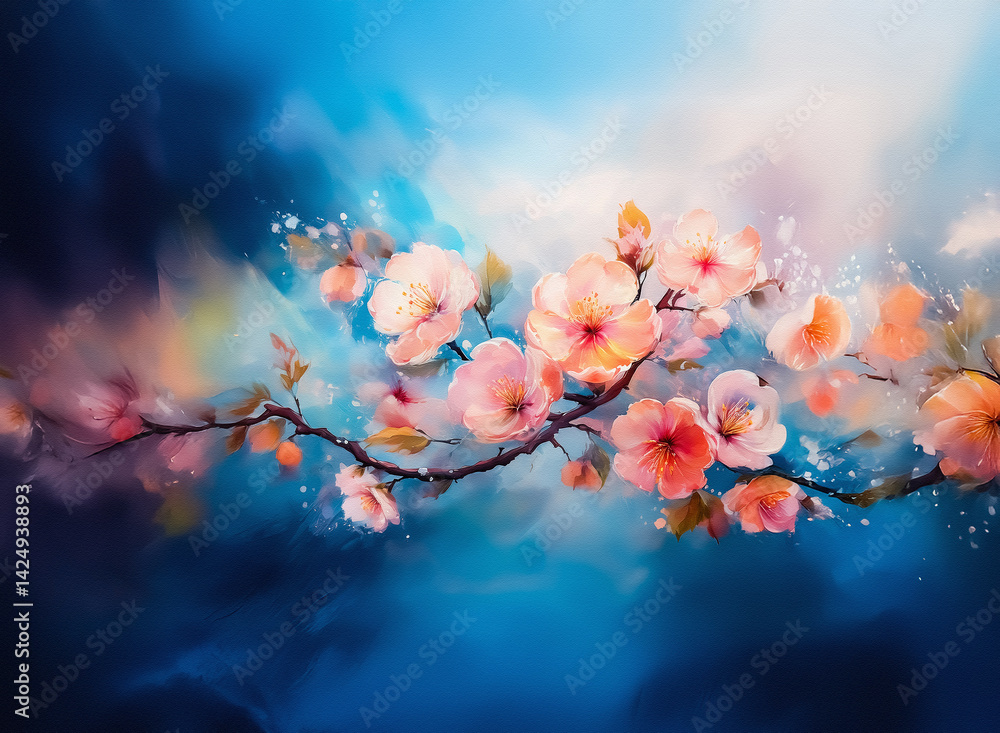 Aufkleber a branch adorned with delicate pink and peach blossoms is set against a dreamy, soft blue backdrop. 