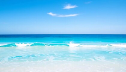 Fototapeta premium Tranquil turquoise ocean waves under a vast blue sky and scattered cloudscape