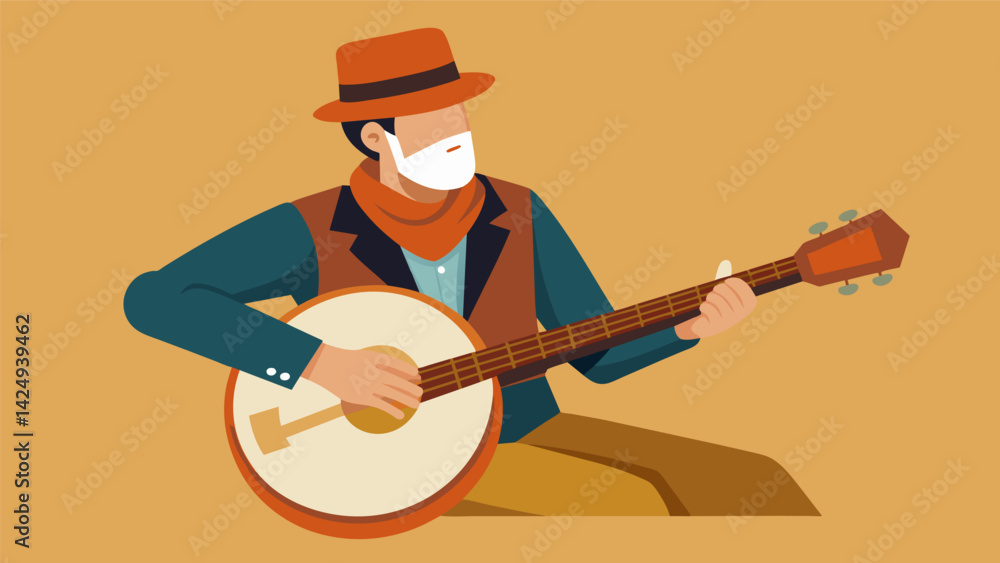 Poster a banjo player strumming on a banjo crafted from an old frying pan and reclaimed wood.. vector illus