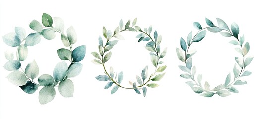 Watercolor green leaves wreaths, floral frames.