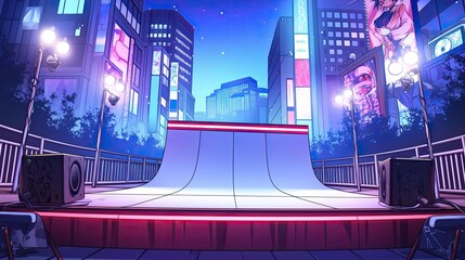 Vibrant futuristic city street scene at night featu illuminated skyscrapers bright neon signs and a modern empty outdoor stage with colorful lights and urban atmosphere