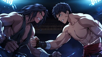 Intense combat scene between two male anime fighters with muscular physiques and fierce expressions du a battle under dynamic blue lighting at an arena