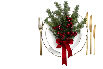 Festive Christmas Table Setting Illustration With Gold Cutlery and Red Berries