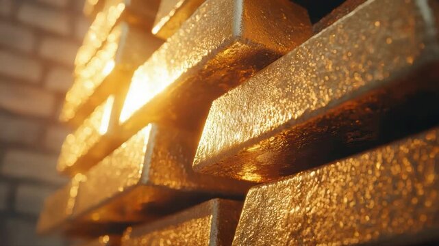 Glowing Gold Bars on Stacked Brick Wall in Soft Illuminated Setting