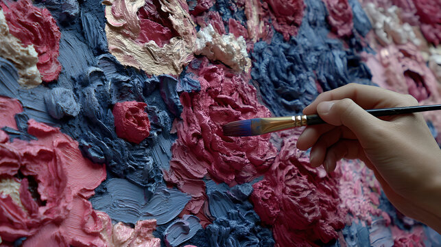 A hand carefully applies paint with a brush to a textured canvas filled with thick layers of various shades of pink and blue.