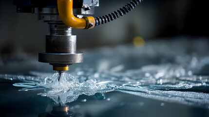 A waterjet cutter precisely slices through a piece of clear material, spraying water, in a modern industrial manufacturing process.