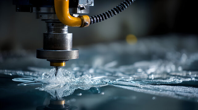 A waterjet cutter precisely slices through a piece of clear material, spraying water, in a modern industrial manufacturing process.