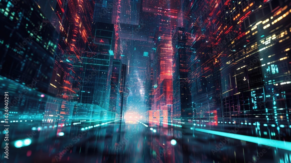 Poster explore a vibrant futuristic cityscape showcasing dynamic digital data visualizations. bright neon l