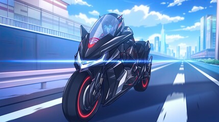 Futuristic black motorcycle racing on a modern city street with vibrant blue skies and tall skyscrapers in the background, high-speed urban transportation concept