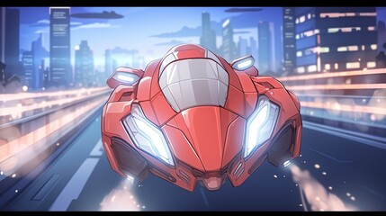 Futuristic red sports car racing through a vibrant city street at night with bright lights and sleek design for transportation innovation and speed