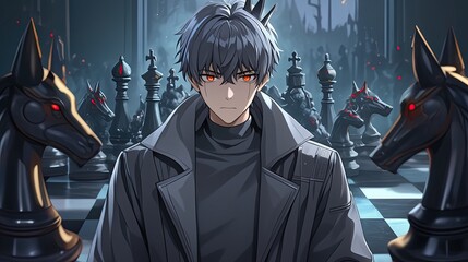 Fantasy anime style illustration of young male character with silver hair and red eyes in dark coat surrounded by black and gold chess and mythical wolf statues in a mysterious moonlit forest scene