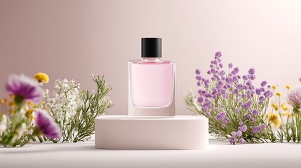 Pink Perfume Bottle Mockup with Flowers on Light Background