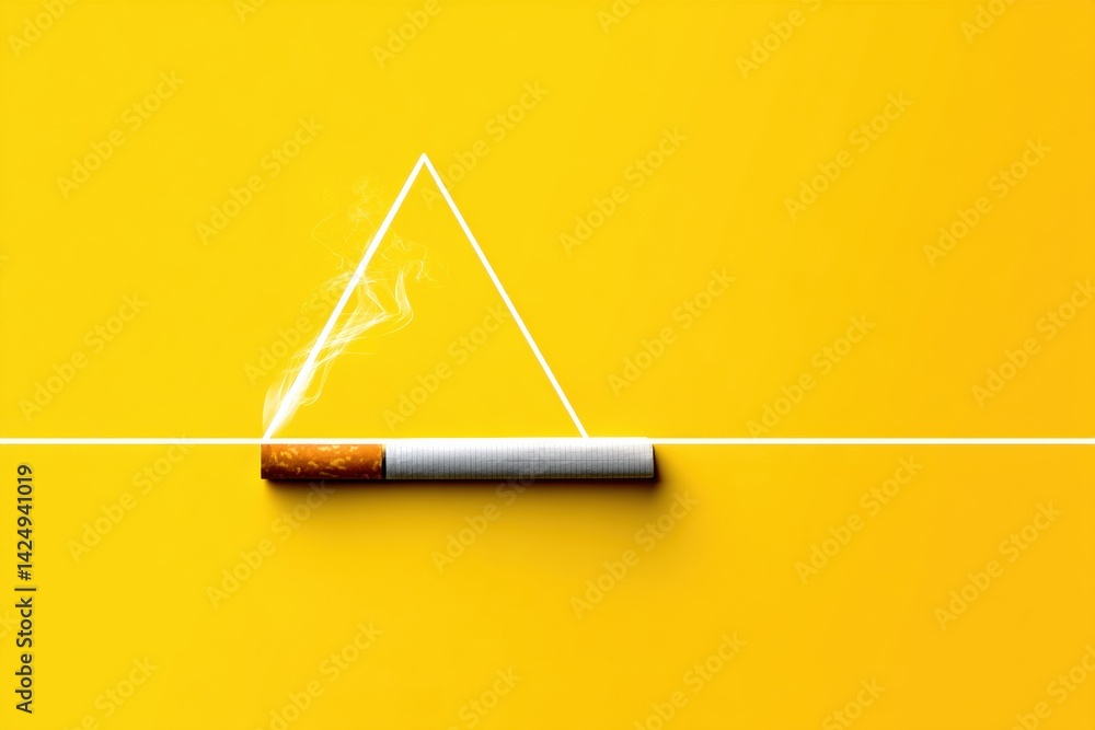 Poster Burning Cigarette Balanced Over Vibrant Warning Triangle in Modern Minimal Style