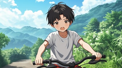 Obraz premium Young boy with short black hair riding a bicycle outdoors on a sunny day surrounded by green trees and mountains in the background