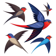 Swallow birds set shilhotee vector isolated on white background