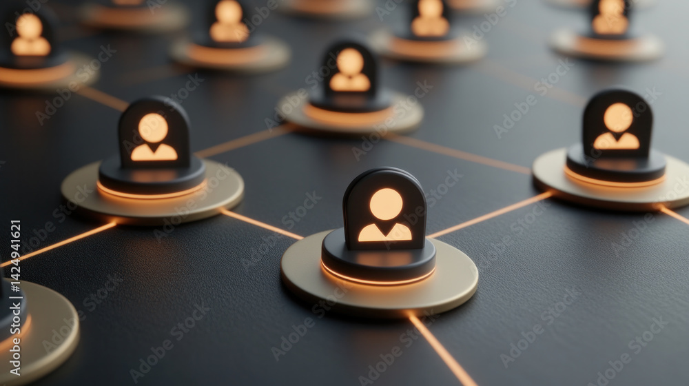 Poster a group of people are connected by a network of circles. each circle has a person in it