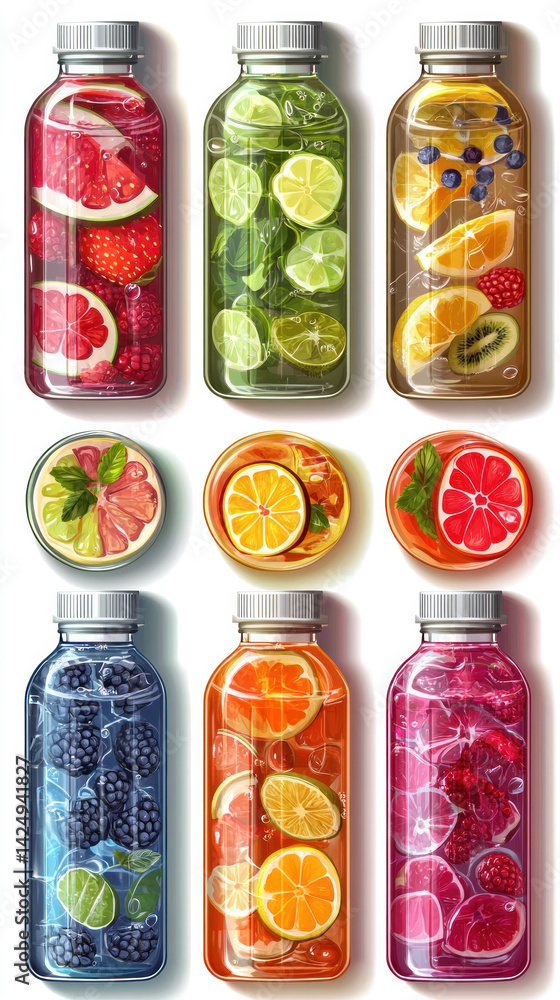 Aufkleber a set of six bottles of fruit juice with different fruit in them. the bottles are all different colo