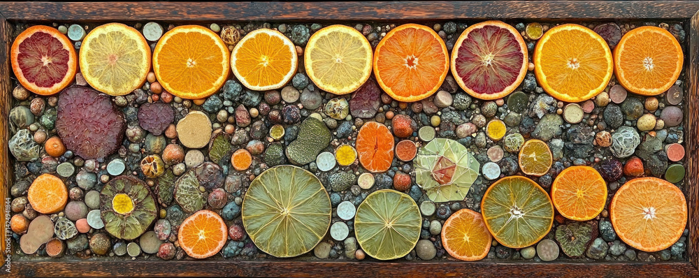Aufkleber a mosaic of oranges and other fruits. the oranges are scattered throughout the mosaic, with some lar